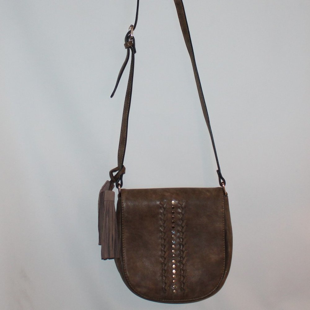 Brown Crossbody Messenger Bag with Stud Braid Det.
